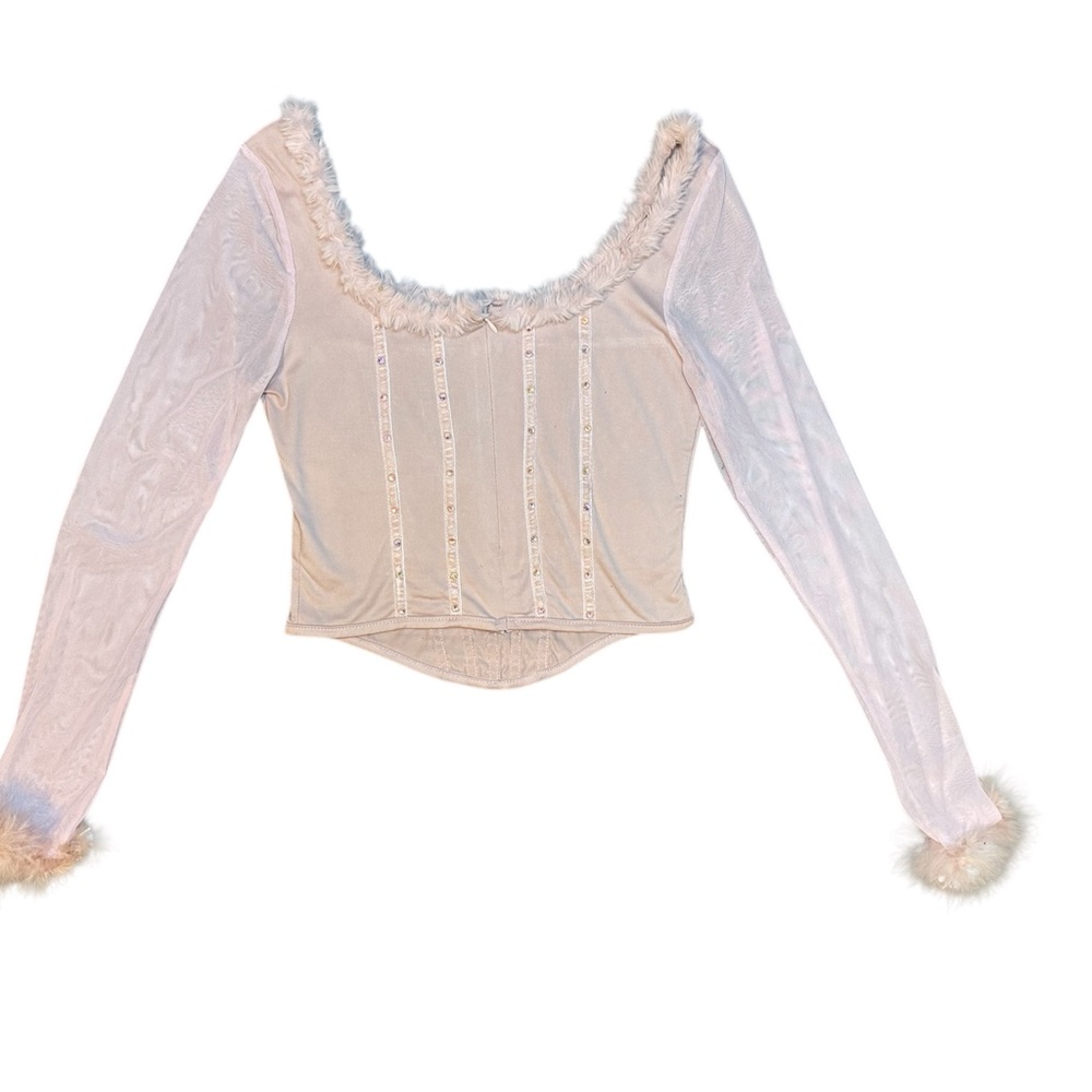 Elegant Light Pink Long Sleeve Scoop Neck Top Faux Fur Trim, Small - Picture 4 of 4